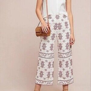 Anthropologie ett:wa Jadida White Red Embroidery Linen Blend Crop Pants 0